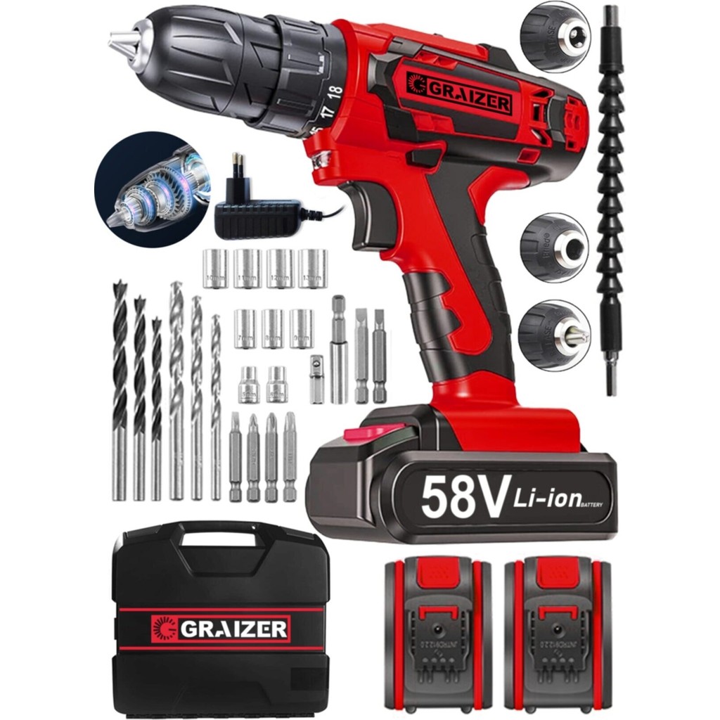 Graizer Alman V-Tec 58 V 5 Ah Çelik Motor Çelik Şanzuman Darbeli Şarjlı Çift Akülü Vidalama Matkap Matkaplar Fiyatı