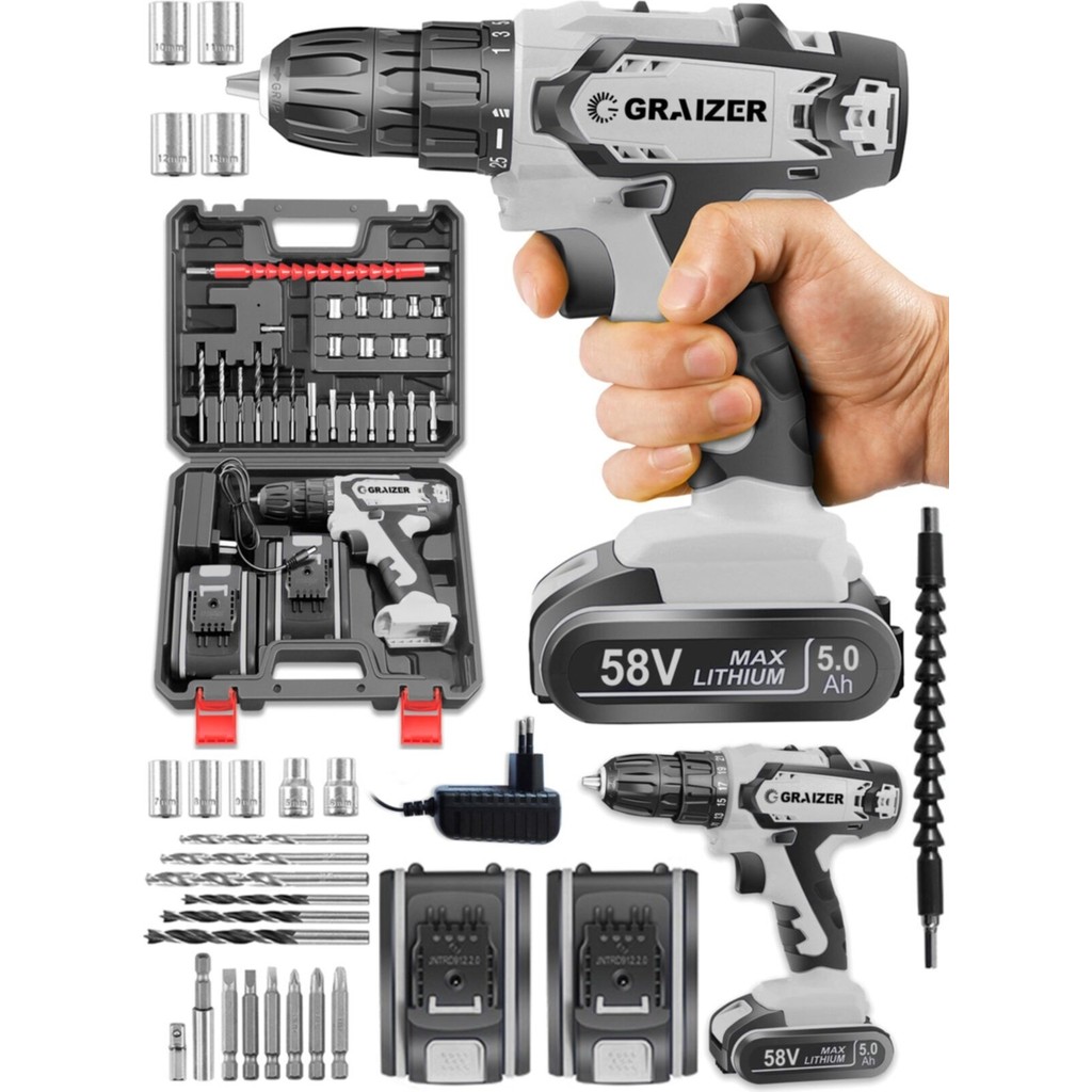 Graizer Gtx-58 V 5 Ah Darbeli Metal Şanzuman Bakır Sargılı Çift Akülü Vidalama Matkap + 27 Parça Setli Matkaplar Fiyatı