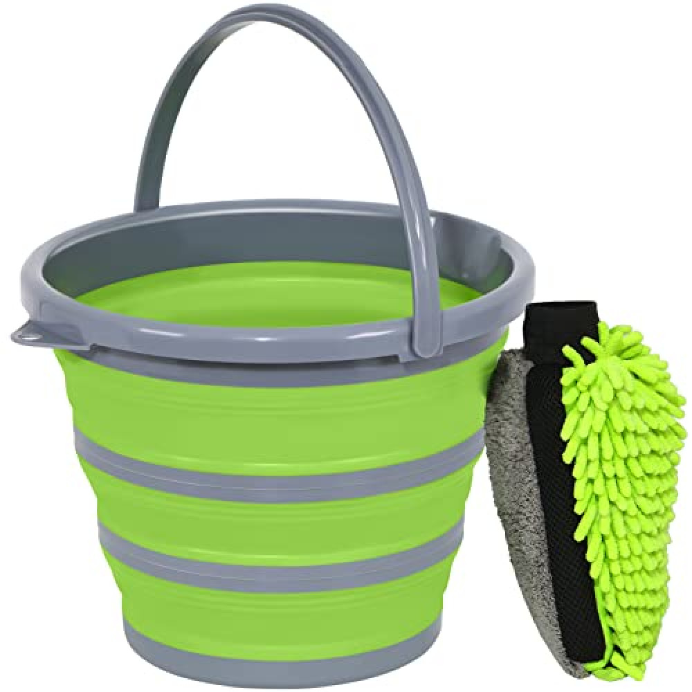 GreatCool Collapsible Bucket with 3-in-1 Car Wash Mitt, Coral Velvet + Weave + Chenille Microfiber Glove Sponge, 10L (2.6 Gallon) Portable Folding Basin Pail for Household Cleaning