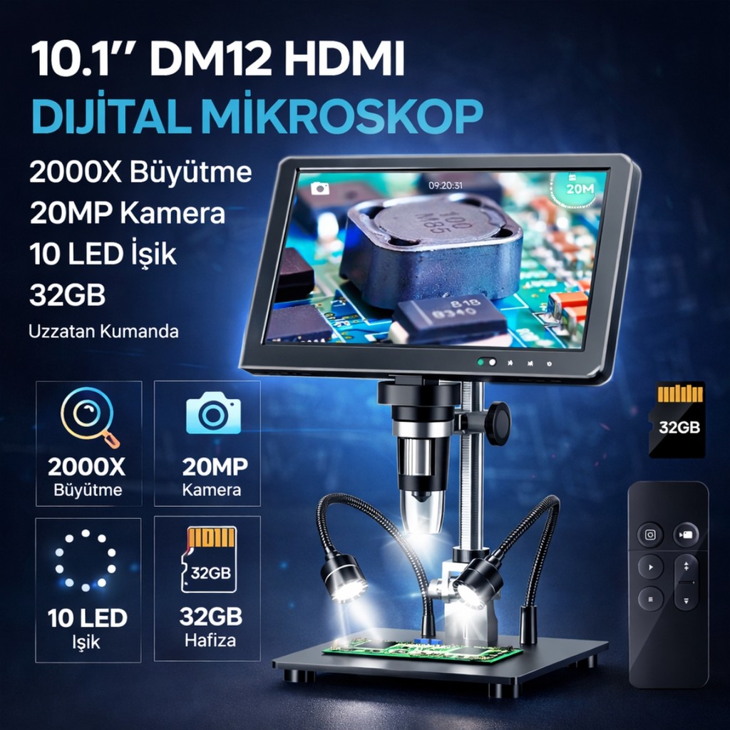 GreaTech 10.1'' DM12 HDMI Dijital Mikroskop 2000X Büyütme 20MP Kamera 10 LED Işık 32 GB Uzaktan Kumanda - Siyah TV Aksesuarları Fiyatı