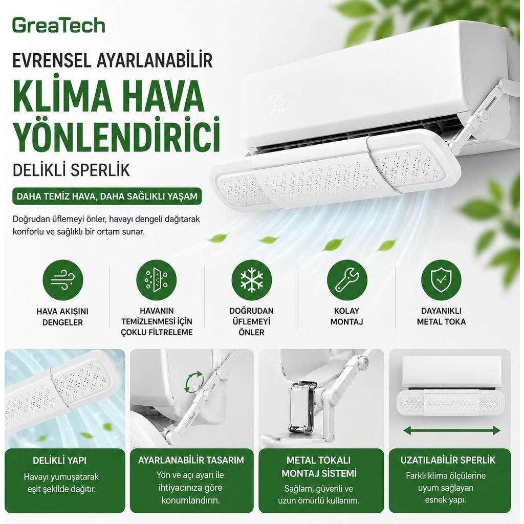 GreaTech Evrensel Ayarlanabilir Delikli Hava Yönlendirici Klima Aparatı Metal Tokalı Split Tipi Sperlik - 110 cm Klimalar Fiyatı