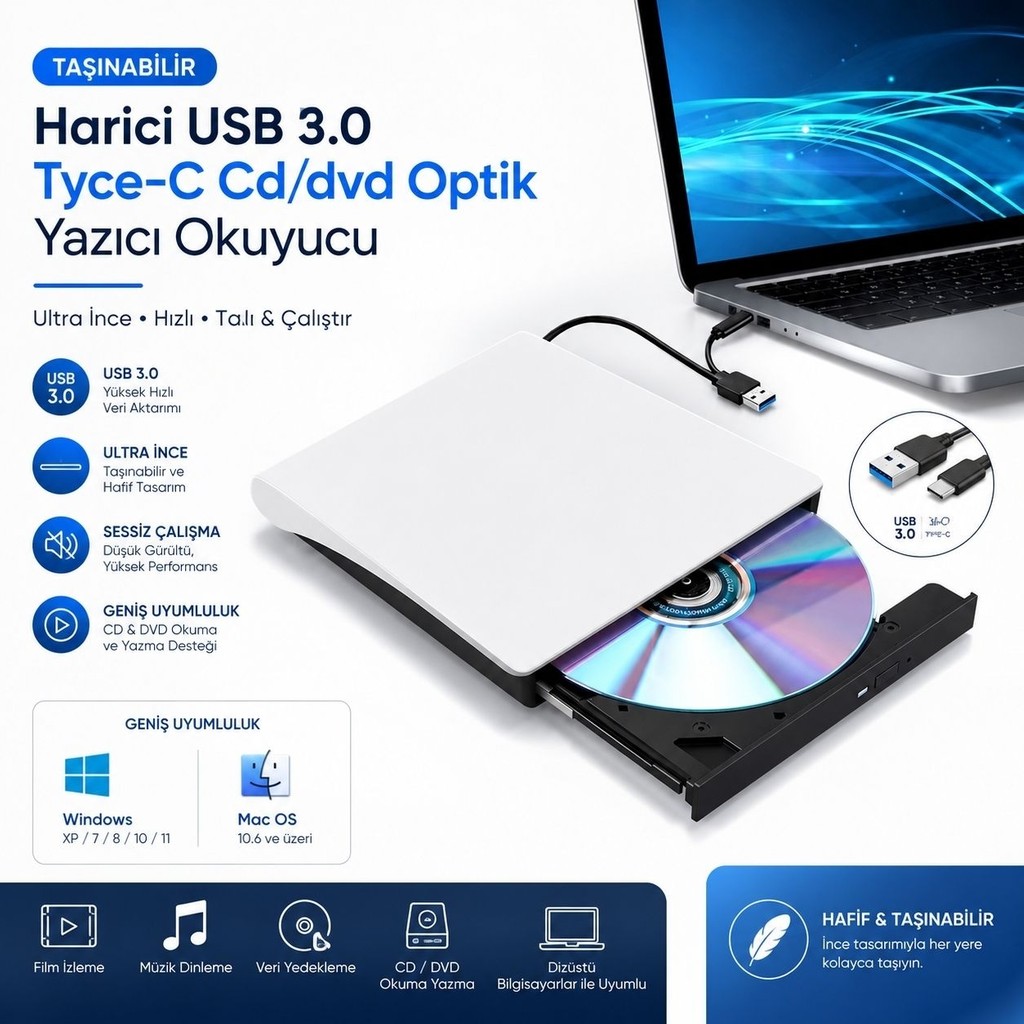 GreaTech Taşınabilir Harici USB 3.0 Tyce-C Cd/dvd Optik Yazıcı Okuyucu Ultra Ince Windows Mac Dizüstü - Beyaz Dizüstü Bilgisayar Fiyatı