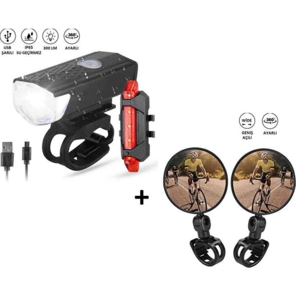 Greathings Sarjlı Bisiklet Işığı Ön + Arka Ikaz Far Lambası - 2 Adet Geniş Açılı Bisiklet Scooter Dikiz Aynası 360° Seti Bisiklet Aksesuarları Fiyatı