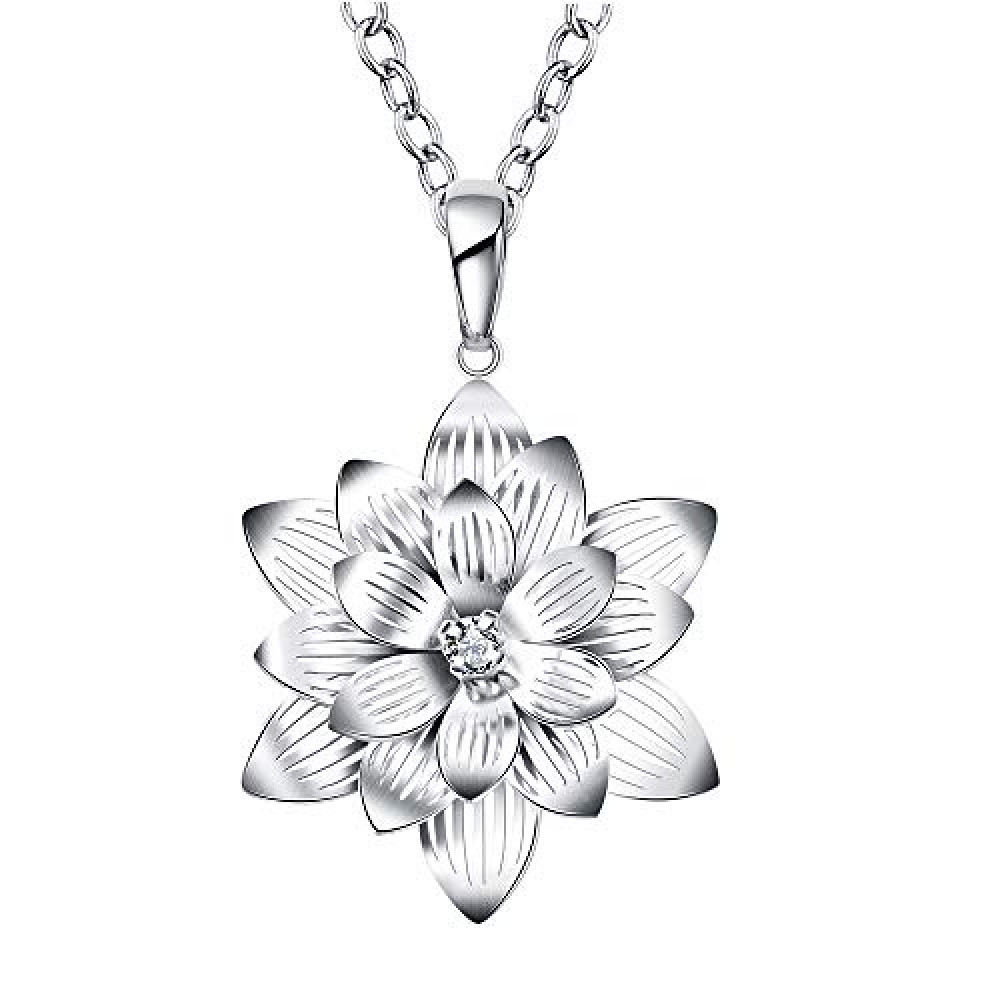 Greendou Fashion Jewelry 925 Sterling Silver Plated CZ Crystal Lotus Flower Pendant Necklace