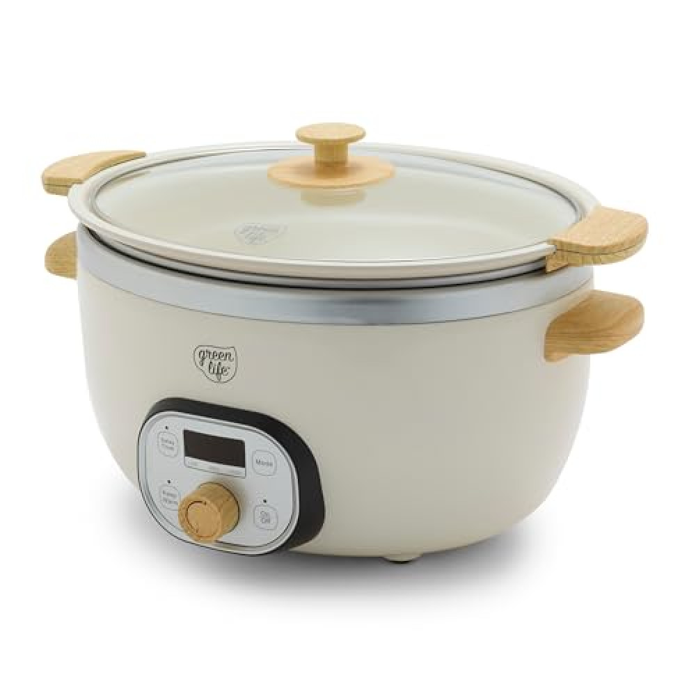 GreenLife 6 QT Ceramic Non Stick Slow Cooker, PFAS-Free Programmable Removable Pot for Family Meals, Sear on Stovetop Keep Warm, Digital Timer, Dishwasher Safe Glass Lid & Crock, Cream