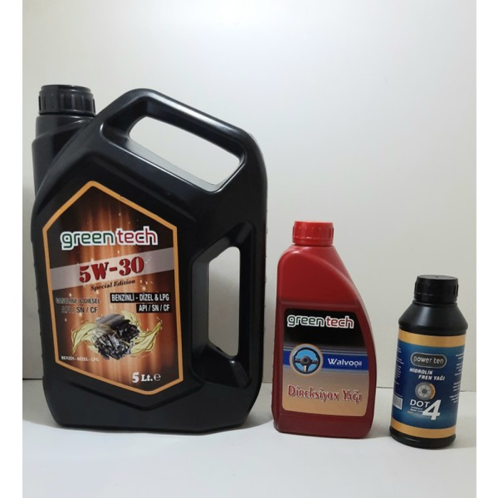 Greentech 5W-30 Motor Yağı 5 Litre (Üretim yılı :2023) + Atf Direksiyon Yağı 900 ml + Dot 4 Hidrolik Fren Yağı 400 ml 3'lü Set Motor Yağı Fiyatı