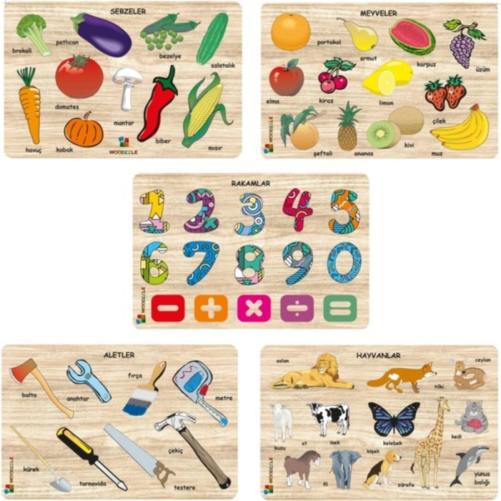 Gregoss 5'li Set Ahşap Eğitici Öğretici Yapboz Sebzeler-Meyveler-Sayılar-Hayvanlar-Aletler Bultak Puzzle - Ahşap Desenli Bebek Oyuncakları Fiyatı