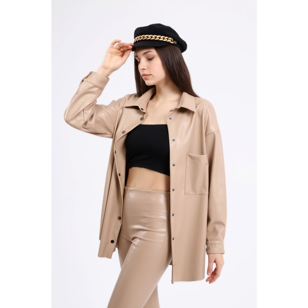 Grenj Fashion Bej Oversize Cep Detaylı Deri Gömlek M Beden Kadın Gömlek Fiyatı