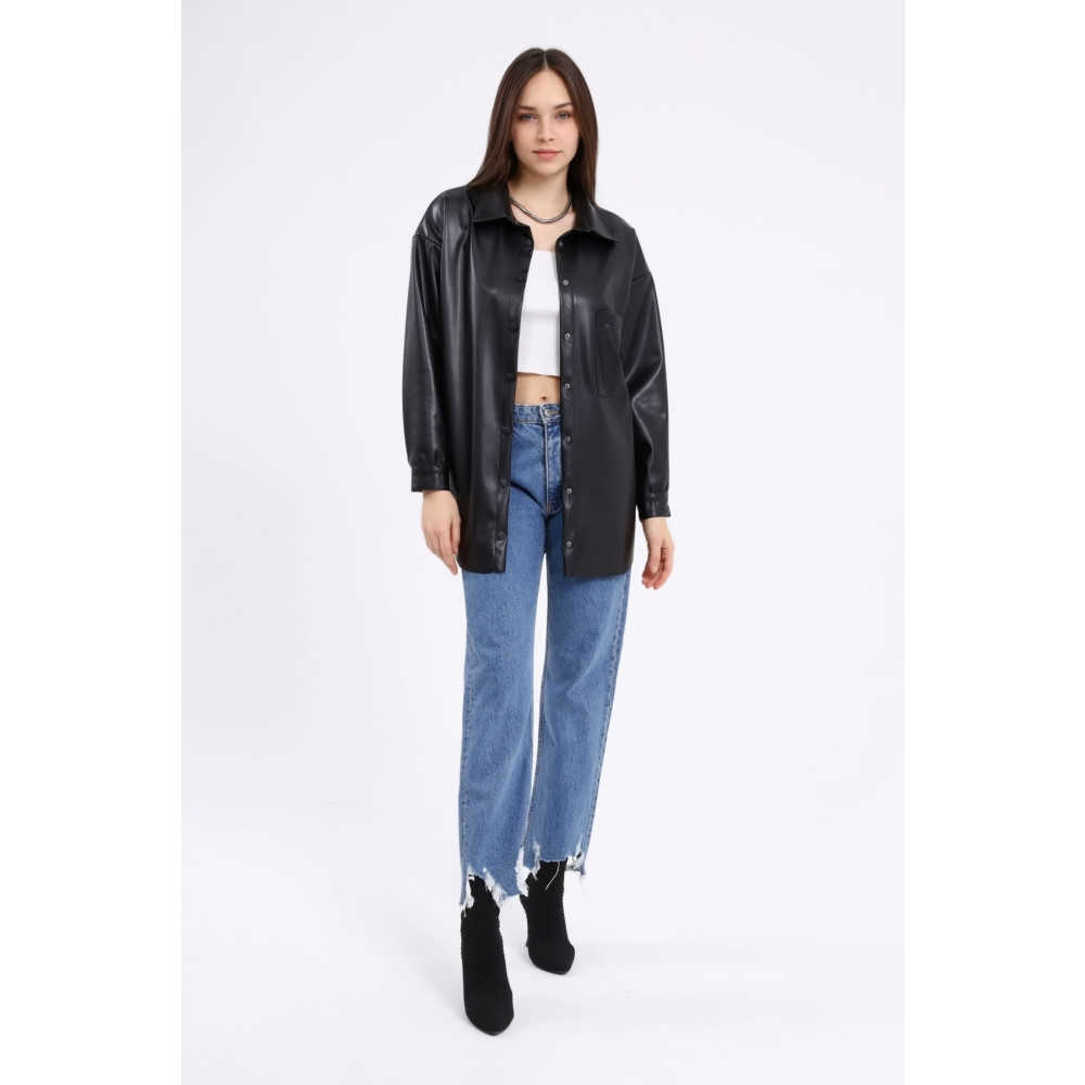 Grenj Fashion Siyah Oversize Cep Detaylı Deri Gömlek M Beden Kadın Gömlek Fiyatı
