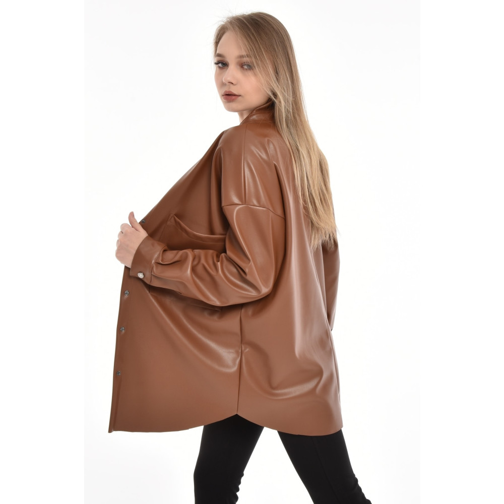 Grenj Fashion Taba Oversize Cep Detaylı Deri Gömlek S Beden Kadın Gömlek Fiyatı