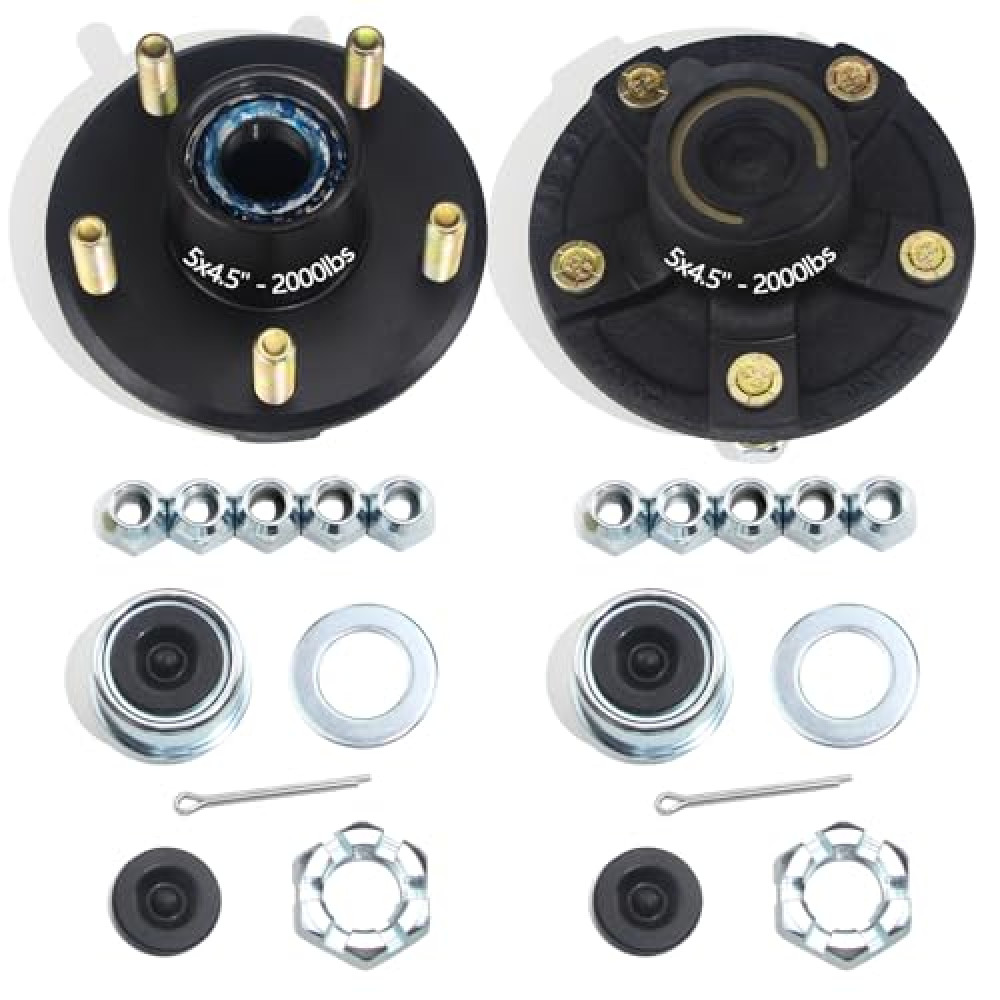 GREPSPUD 2 Sets Trailer Hub Kits 5 on 4.5'' for 2000 lbs 1-1/16'' BT9 Straight Axle Spindle, Prelubricated L44649 Bearings 5x4.5 Trailer Replacement Idler Hub 5 Lug Bolt Trailer Wheel Hub Kit