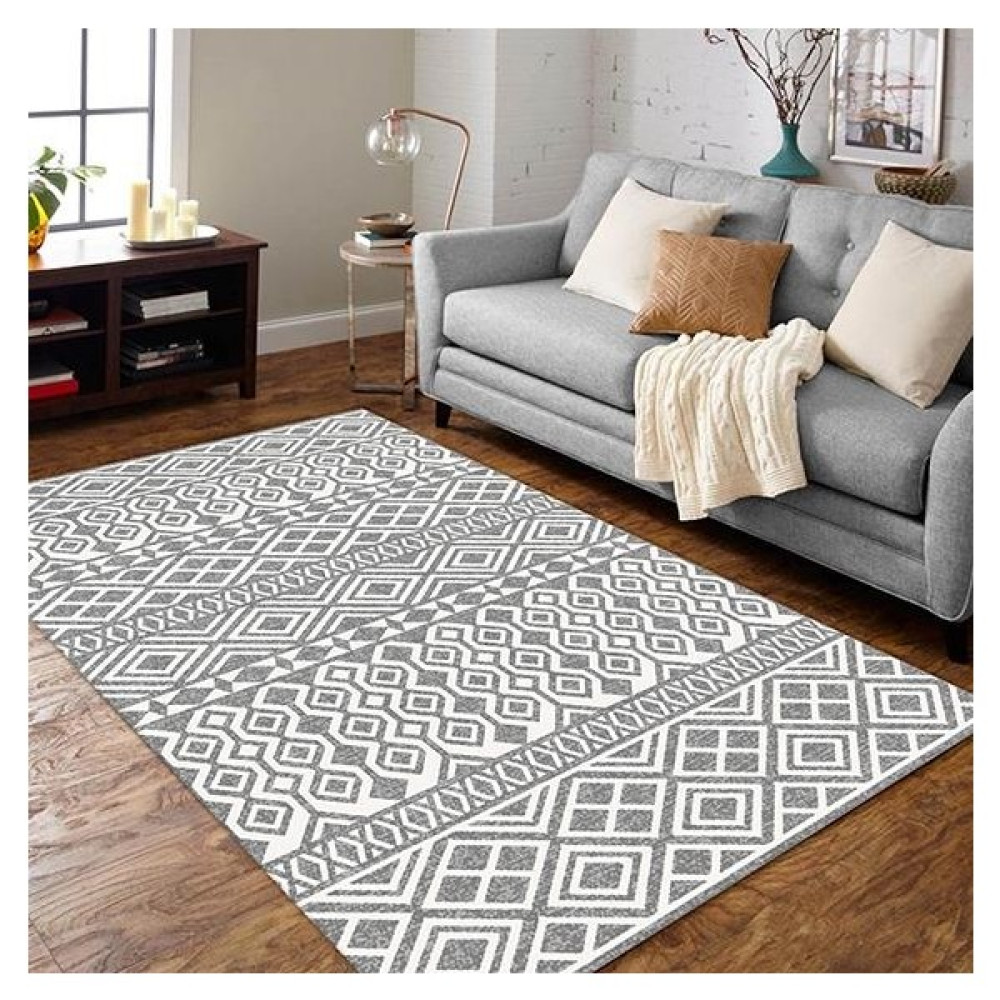 Gri Beyaz Geometri 3D Desenli Dijital Baskılı Halı Örtüsü - 200 x 300 cm - Açık Gri - Beyaz Salon & Oturma Odası Tekstili Fiyatı