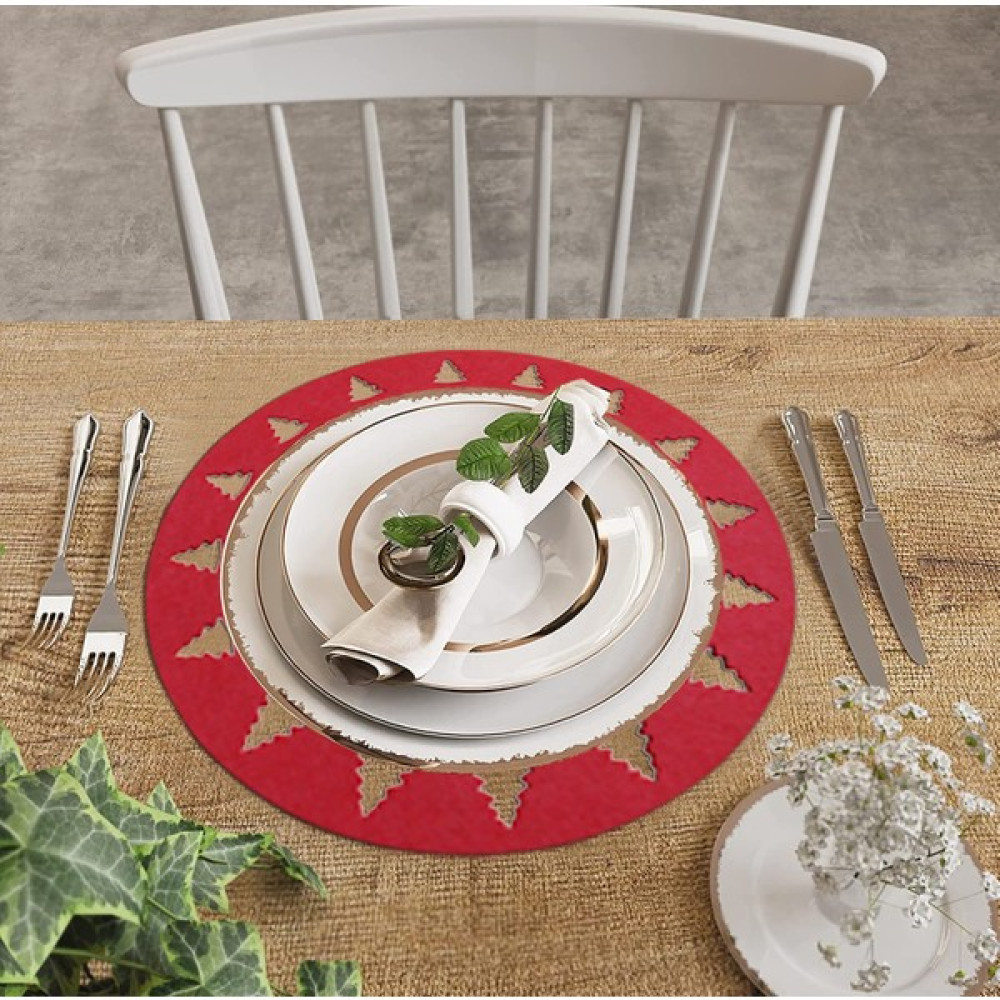 Gri Grafik 6 Parça Keçe Amerikan Servis Takımı, Supla Set, Çam Ağacı Desenli - 32 x 32 cm - Kırmızı Amerikan Servis Fiyatı
