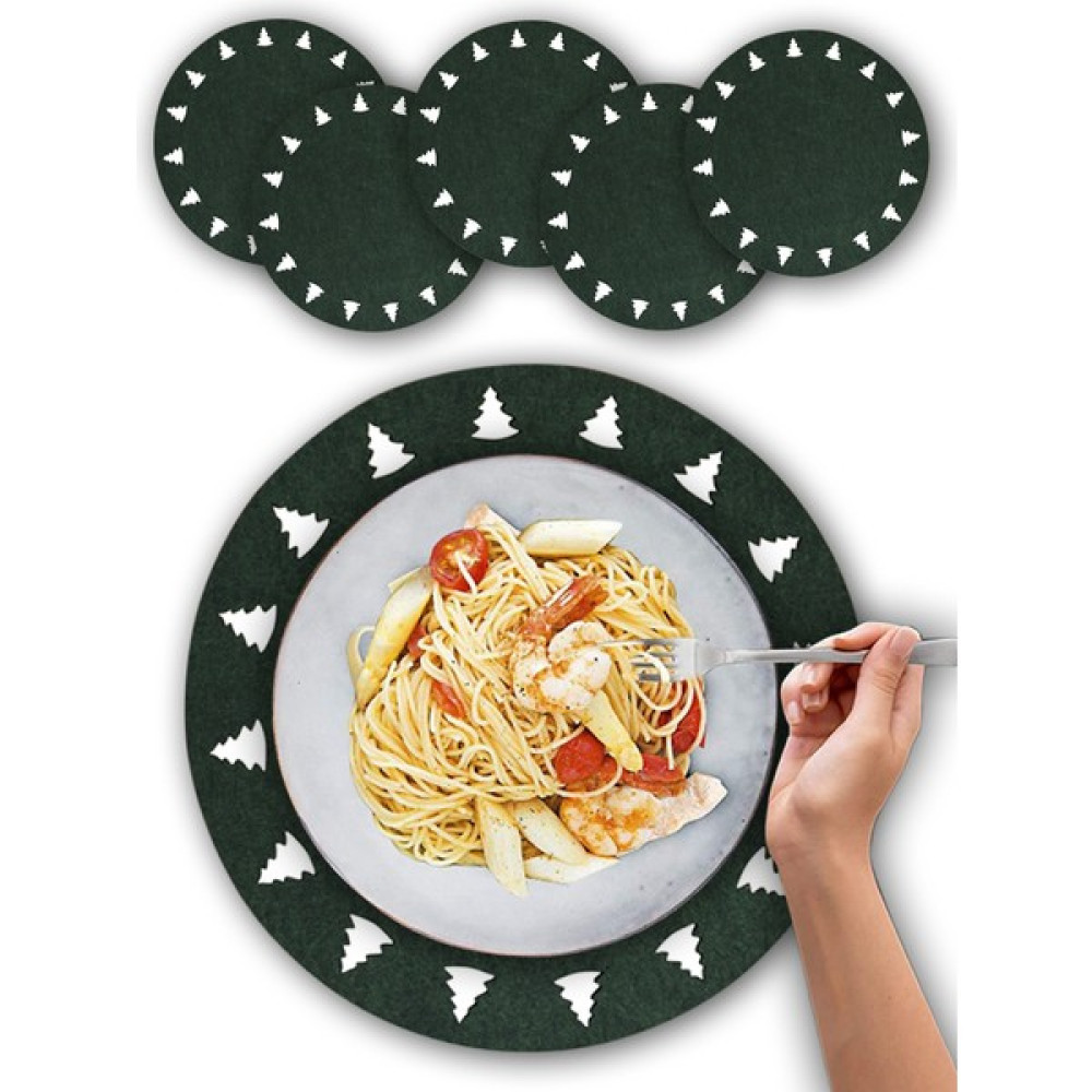 Gri Grafik 6 Parça Keçe Amerikan Servis Takımı, Supla Set, Çam Ağacı Desenli - 32 x 32 cm - Yeşil Amerikan Servis Fiyatı