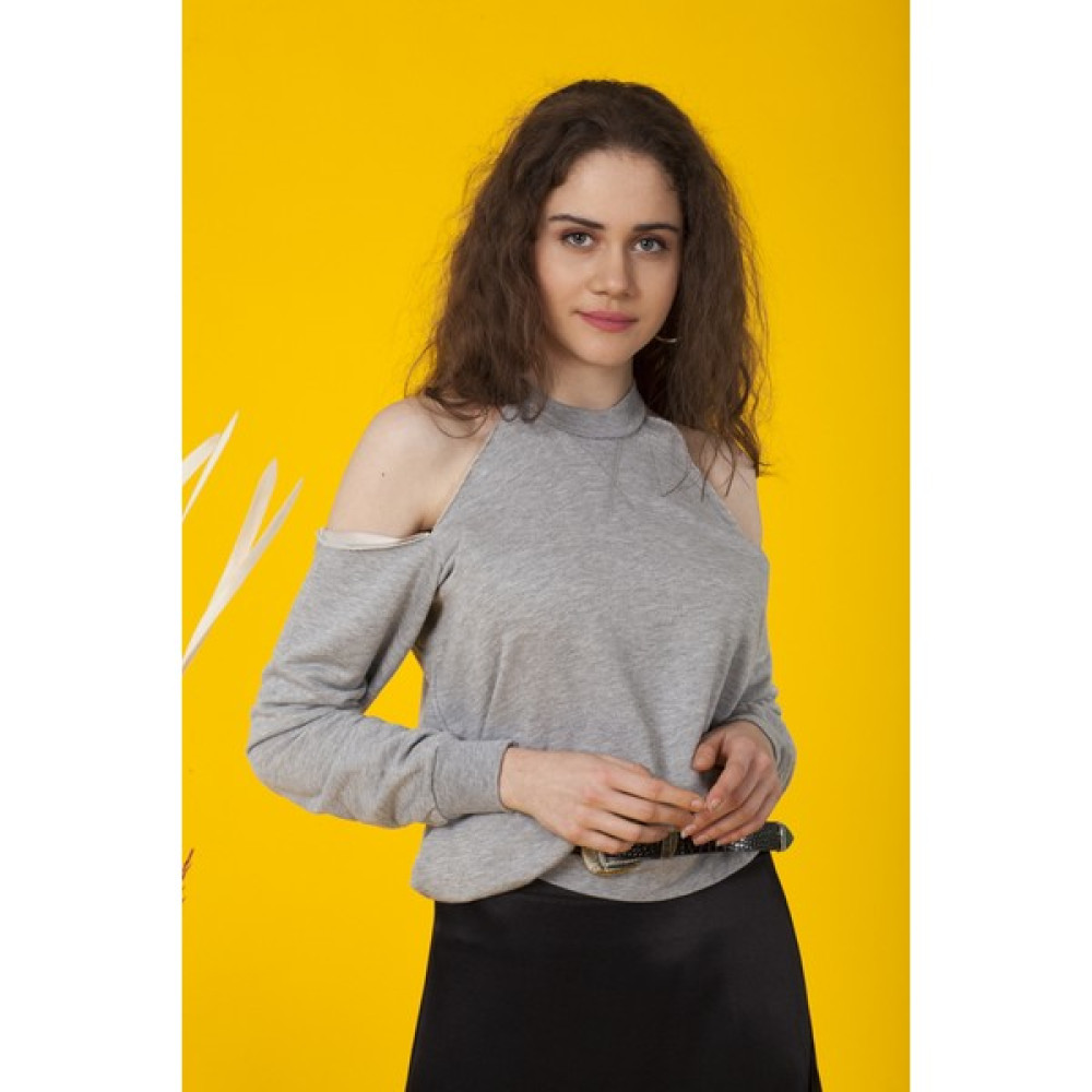 Gri Omuz Pencereli Sweetshirt Bayan Sweatshirt Fiyatı
