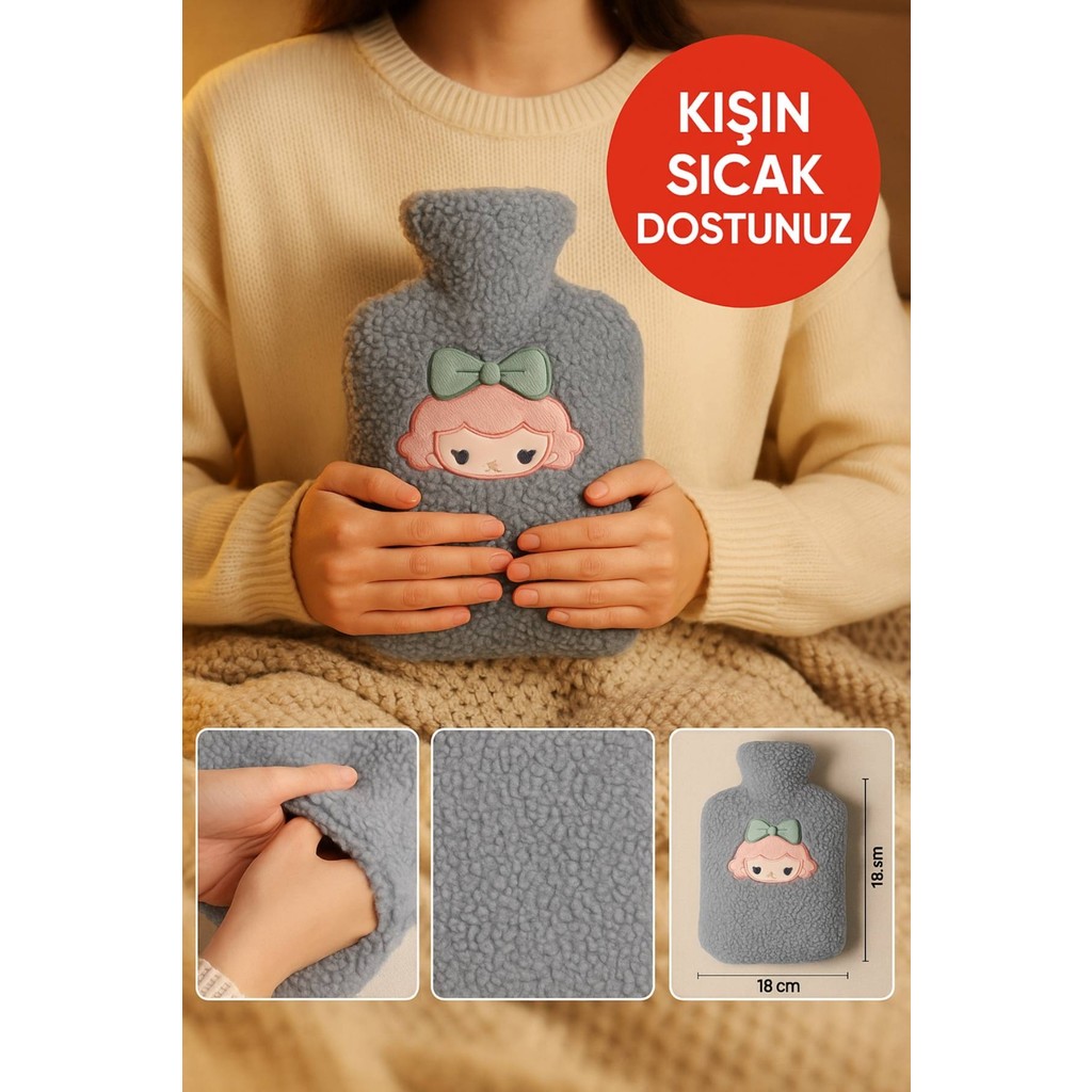 Gri Peluş Sıcak Su Torbası – Yumuşak, Güvenli ve Şık Saçlı Kız Model, 1 Litre - Standart Anne Bebek Oyuncak Fiyatı