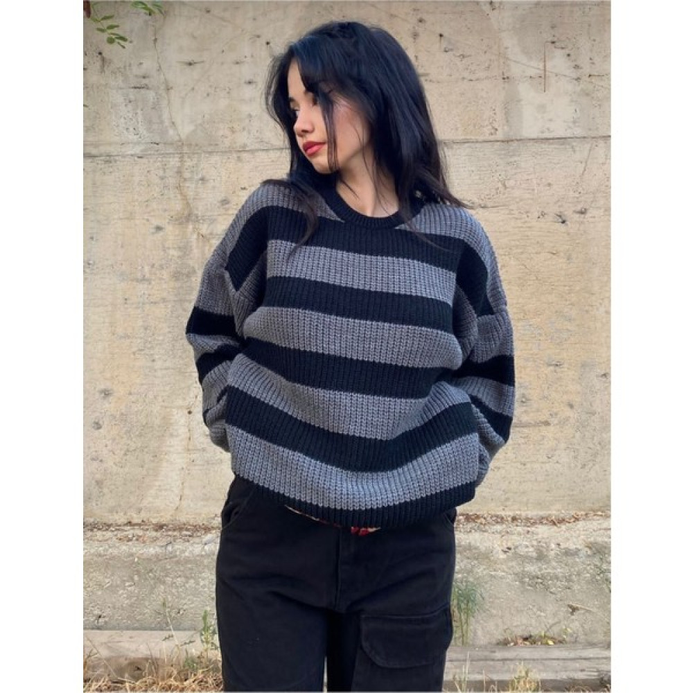 Gri Siyah Çizgili Streetwear Oversize Unisex Kazak Bayan Kazak & Süveter & Triko Fiyatı