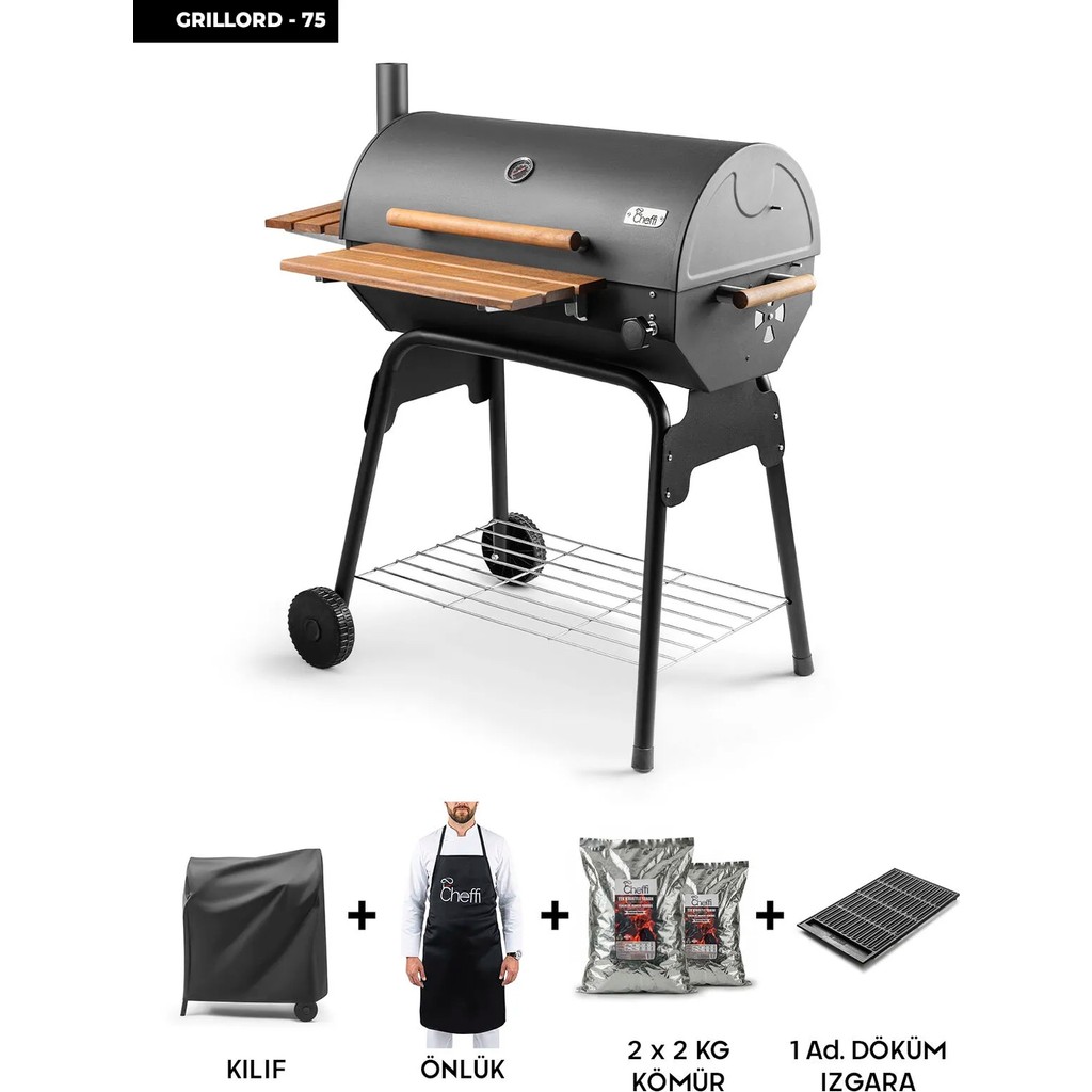 Grillord‑75 Kömürlü Barbekü (1 Adet Döküm Izgaralı) + Hediye Seti (Önlük + Kılıf + 2×2 kg Kömür) Diğer Fiyatı
