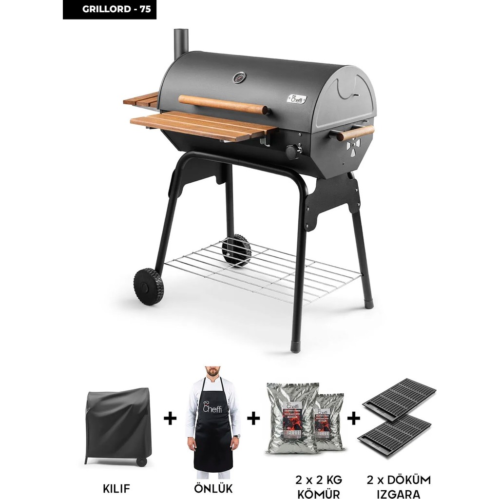 Grillord‑75 Kömürlü Barbekü (2 Adet Döküm Izgaralı) + Hediye Seti (Önlük + Kılıf + 2×2 kg Kömür) Diğer Fiyatı