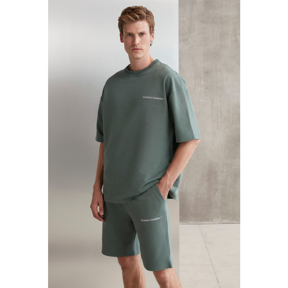 GRIMELANGE Colombıa Erkek 2 Li Set Comfort Fit Polarsız Nakışlı Şort T-shirt Set S Beden Kadın Eşofman Fiyatı