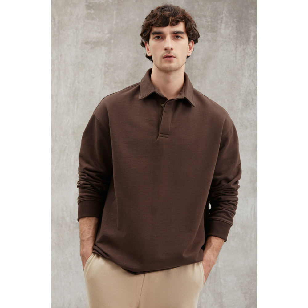 GRIMELANGE John Erkek Polo Sweat Gömlek Yakalı Arkası Uzun Yırtmaçlı Diagonel Kumaşlı Sweatshirt L Beden Bayan Sweatshirt Fiyatı