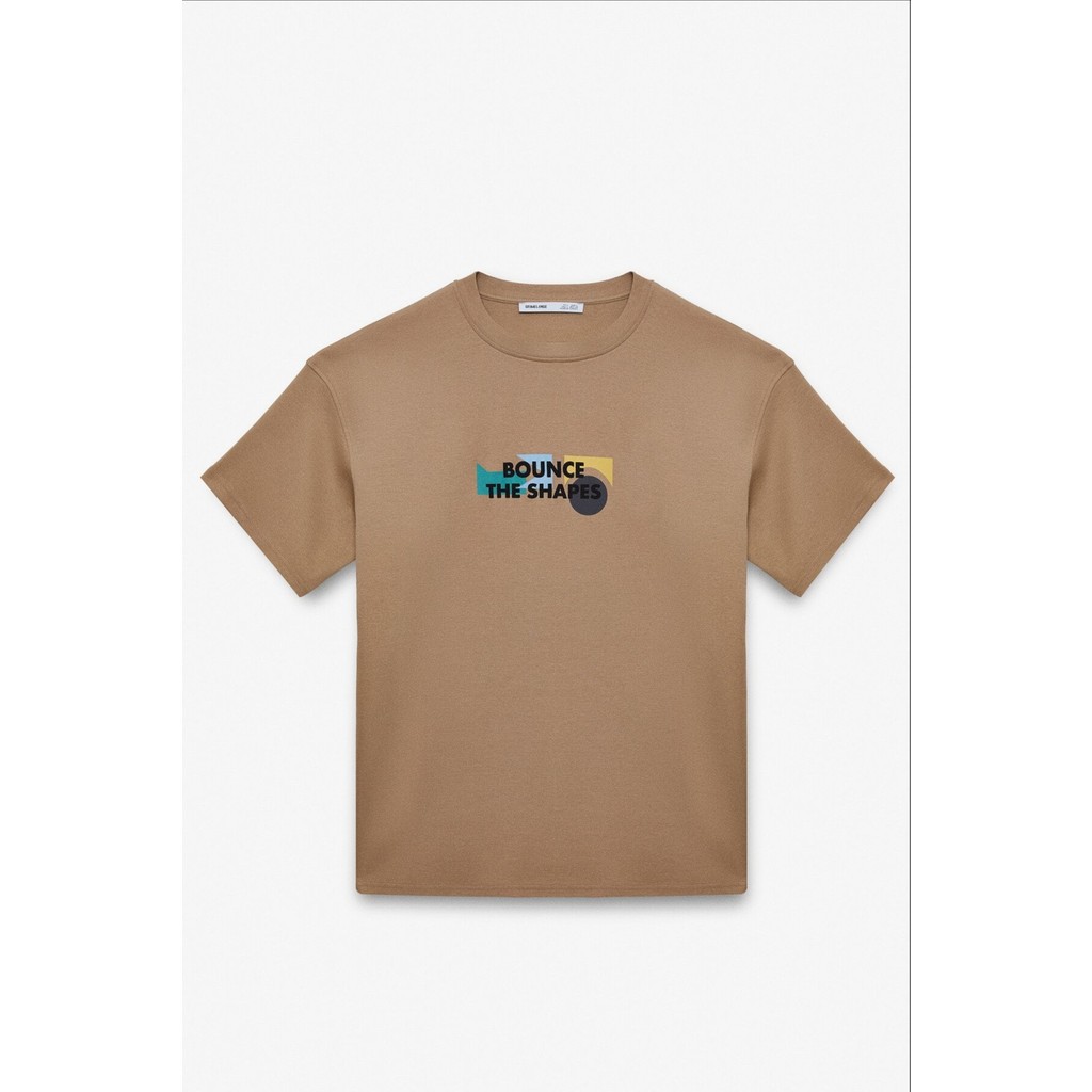 Grimelange MILENNIAL Erkek Oversize Fit %100 Pamuk Kalın Dokulu Baskılı Koyu Bej T-Shirt Erkek T-shirt Fiyatı