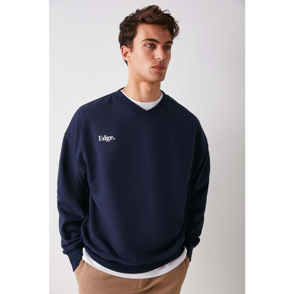 GRIMELANGE Off Erkek V Yakalı Yazı Nakışlı Içi Polarsız Sweatshirt L Beden Bayan Sweatshirt Fiyatı