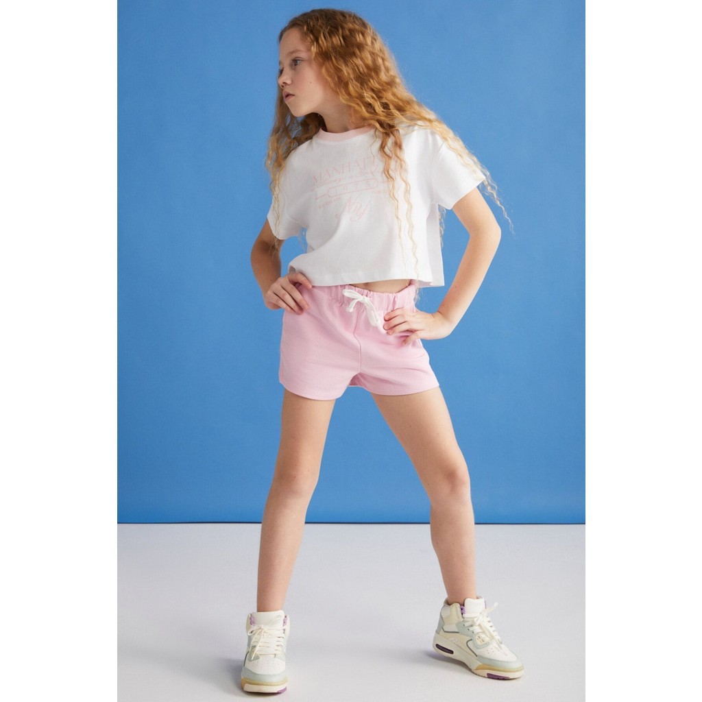 Grimelange SUZANNE-GRM24048 100% pamuk kız çocuk şort tshirt set Pembe Alt-Üst Takım Kız Çocuk Giyim Takımı Fiyatı