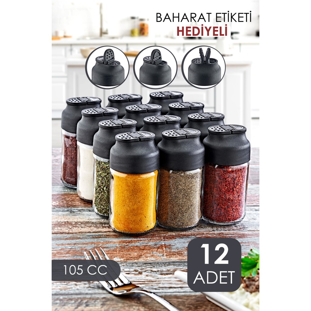 Grimor Life 12'li Çift Kapaklı Cam Baharatlık Seti - Tuzluk Biberlik Baharatlık Takımı Tuz, Şeker, Baharat Fiyatı