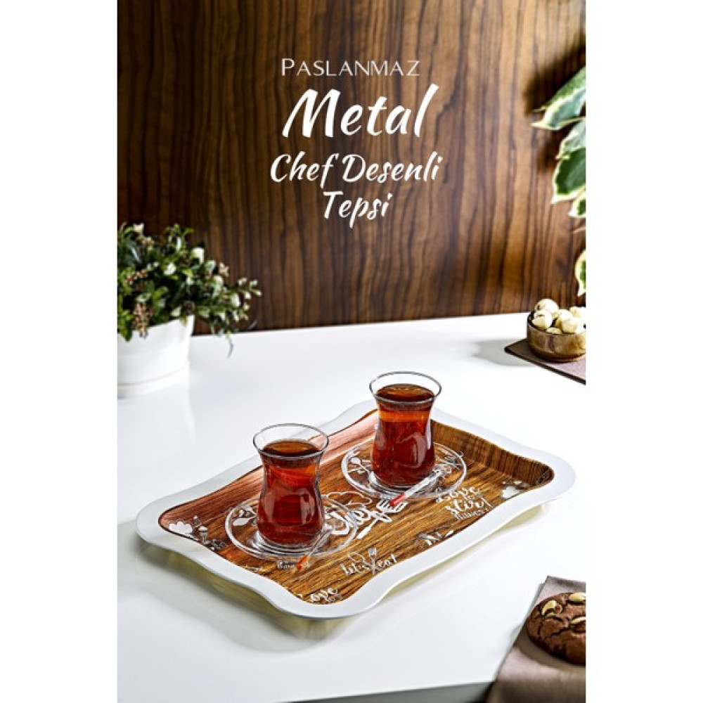 Grimor Life Chef Desenli Metal Sunum Tepsisi- Çay Kahve Tepsisi Servis Tepsisi Fiyatı