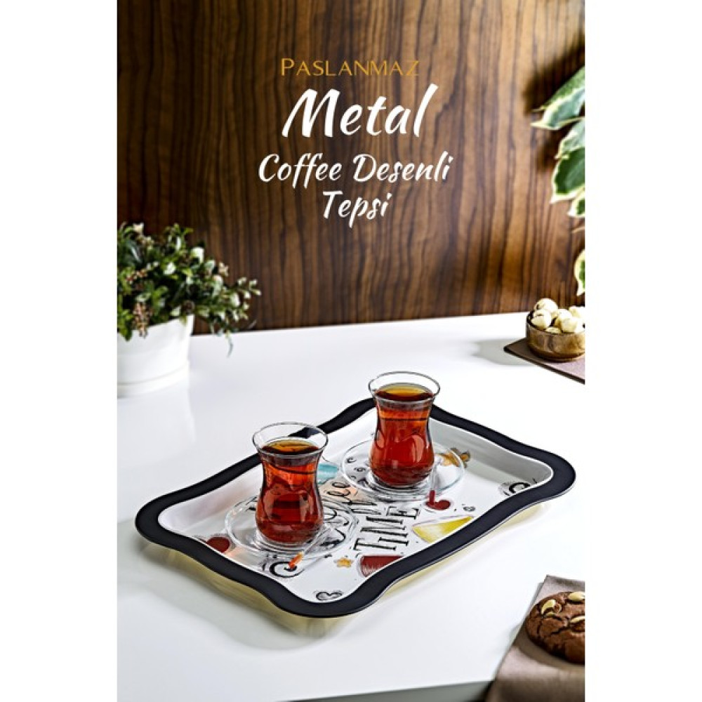 Grimor Life Coffee Desenli Metal Sunum Tepsisi- Çay Kahve Tepsisi Servis Tepsisi Fiyatı