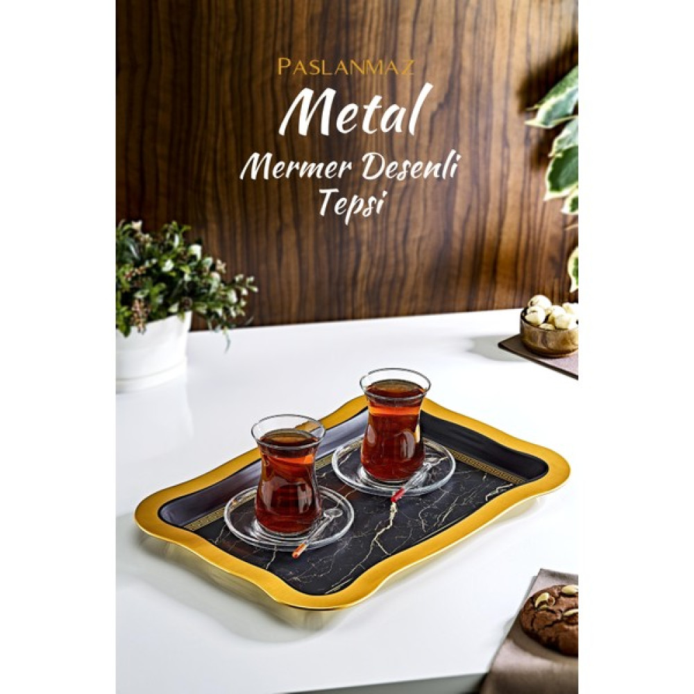 Grimor Life Gold Detaylı Mermer Desenli Metal Sunum Çay Kahve Tepsisi Servis Tepsisi Fiyatı