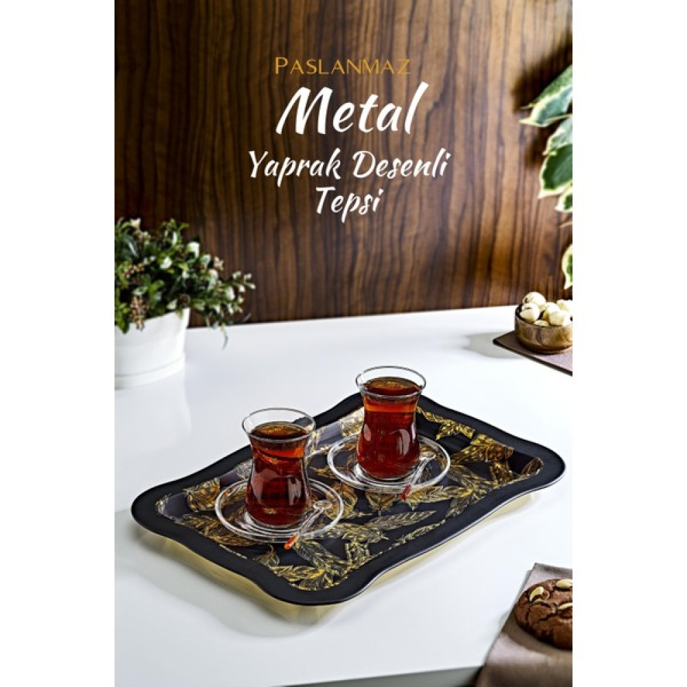 Grimor Life Gold Detaylı Yaprak Desenli Metal Sunum Tepsisi- Çay Kahve Tepsisi Servis Tepsisi Fiyatı