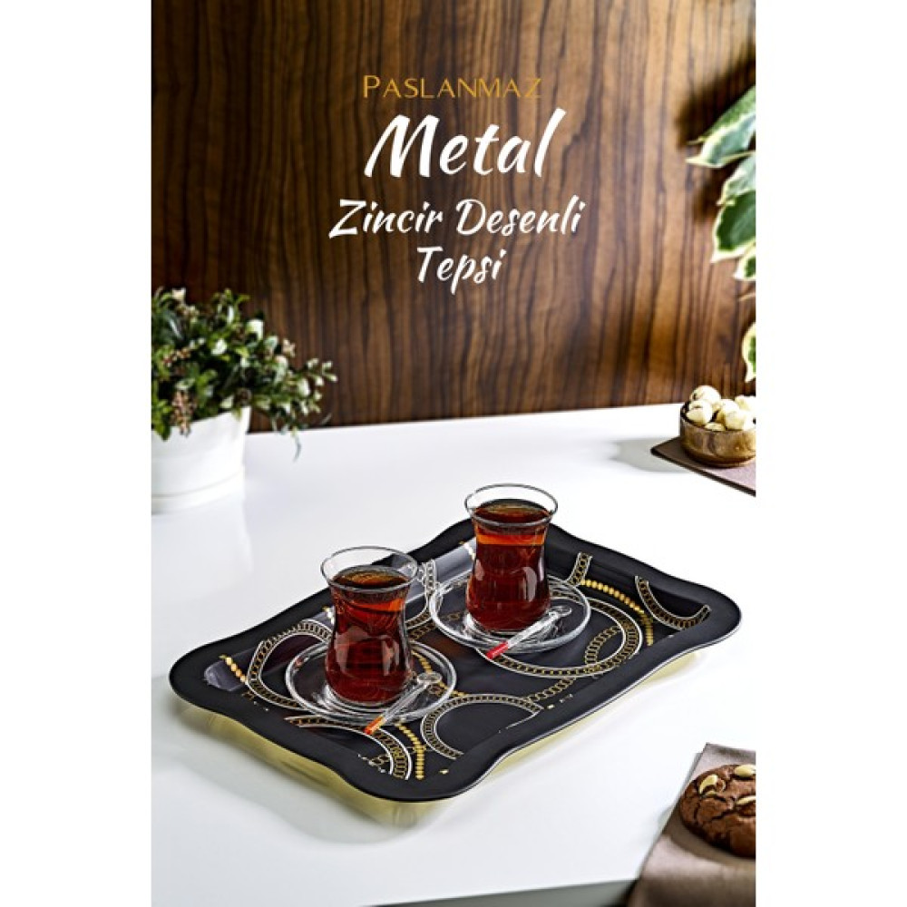 Grimor Life Gold Detaylı Zincir Desenli Metal Sunum Çay Kahve Tepsisi Servis Tepsisi Fiyatı