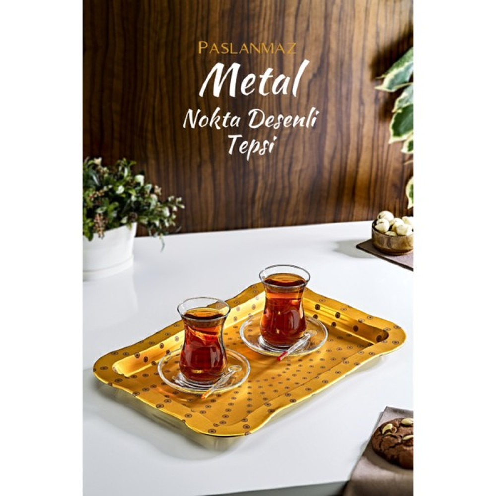 Grimor Life Gold Nokta Desenli Metal Sunum Çay Kahve Tepsisi Servis Tepsisi Fiyatı
