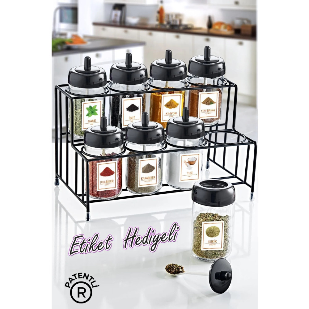 GRİMOR Life Metal Standlı 8li Kendinden Kaşıklı Cam Baharatlık Seti 300 ml Etiket Hediyeli Baharat Setleri & Baharatlıklar Fiyatı