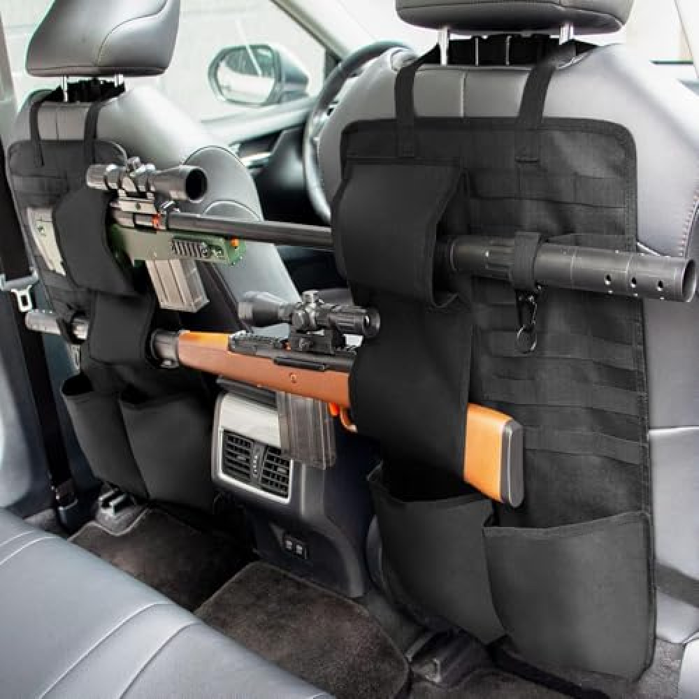 Grimtron 2PCS Tactical Automotive Gun Racks Car Seat Back Organizer Vehicle Gun Rack Holder for Rifle Shotgun with Storage Pocket (Black)