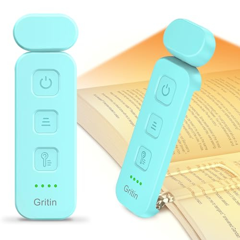 Gritin Reading Light, Rechargeable Book Light for Reading in Bed - Eye Caring 3 Color Temperatures, 5-Level Dimmable Brightness, Long Lasting, Compact Size Clip on Book Lamp for Bookworms-Blue