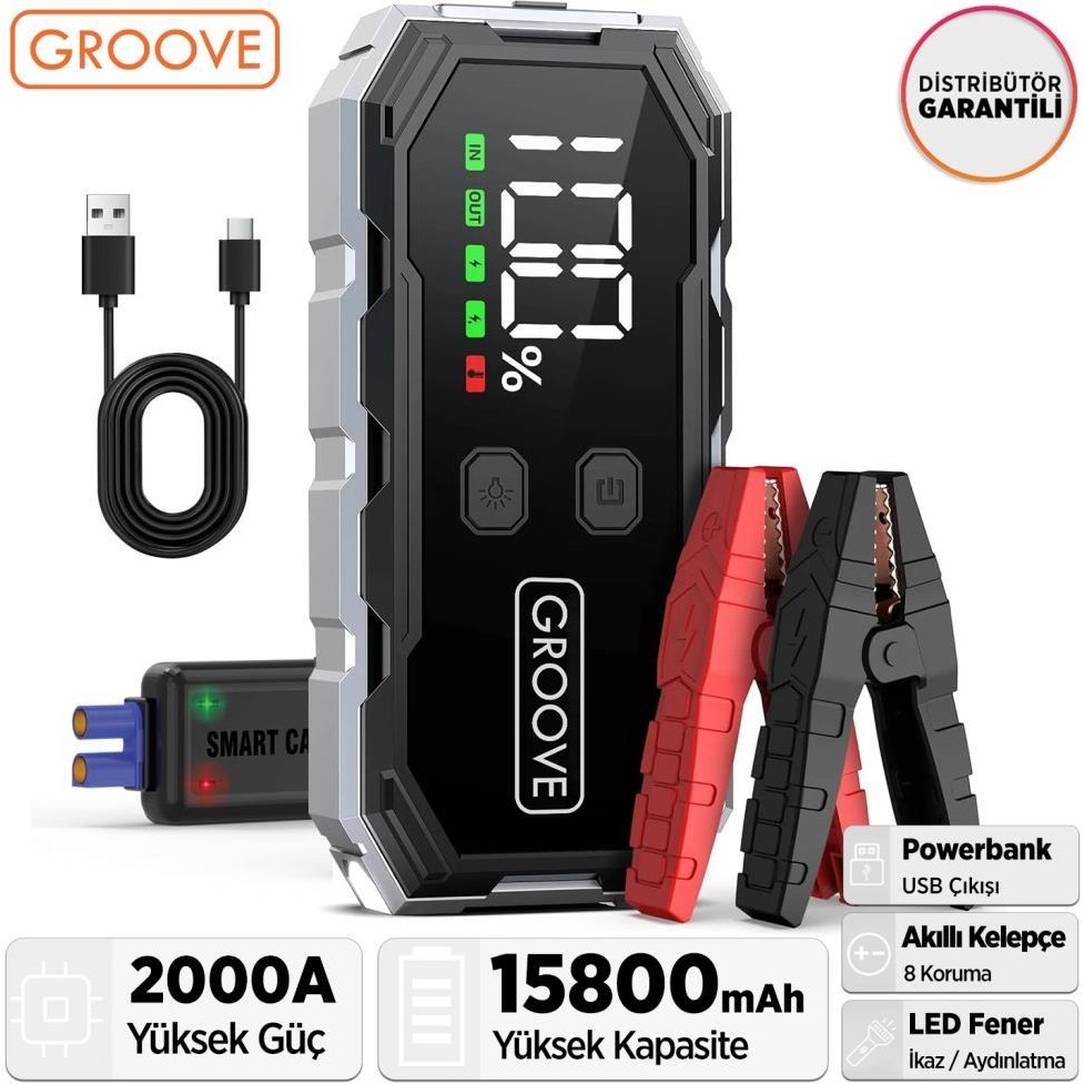 Groove F11 15800MAH 2000A Akü Takviye Cihazı Taşınabilir Jump Starter (Powerbank+Led Lamba+Lcd Ekran) Diğer Fiyatı
