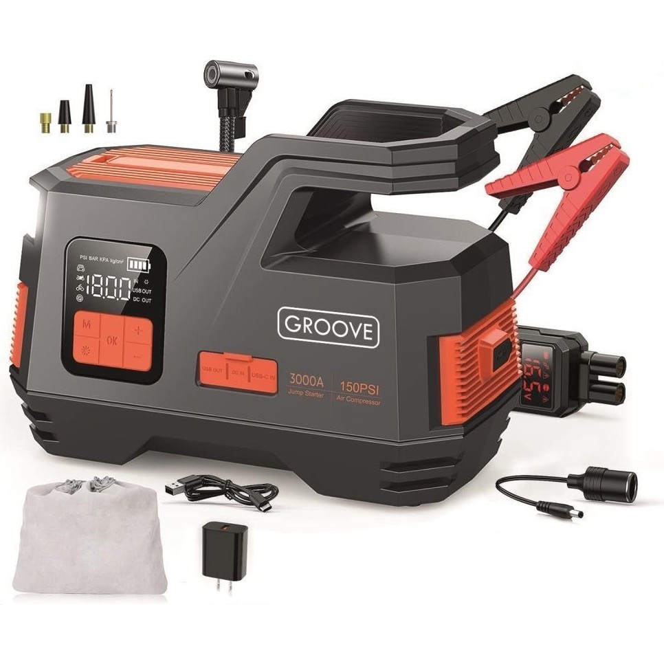 Groove JS006 26800MAH 3000A Akü Takviye Cihazı + Lastik Şişirme Kompresörü Taşınabilir Jump Starter (Kompresör+Powerbank+Led Lamba+Lcd Ekran) - Siyah Diğer Fiyatı