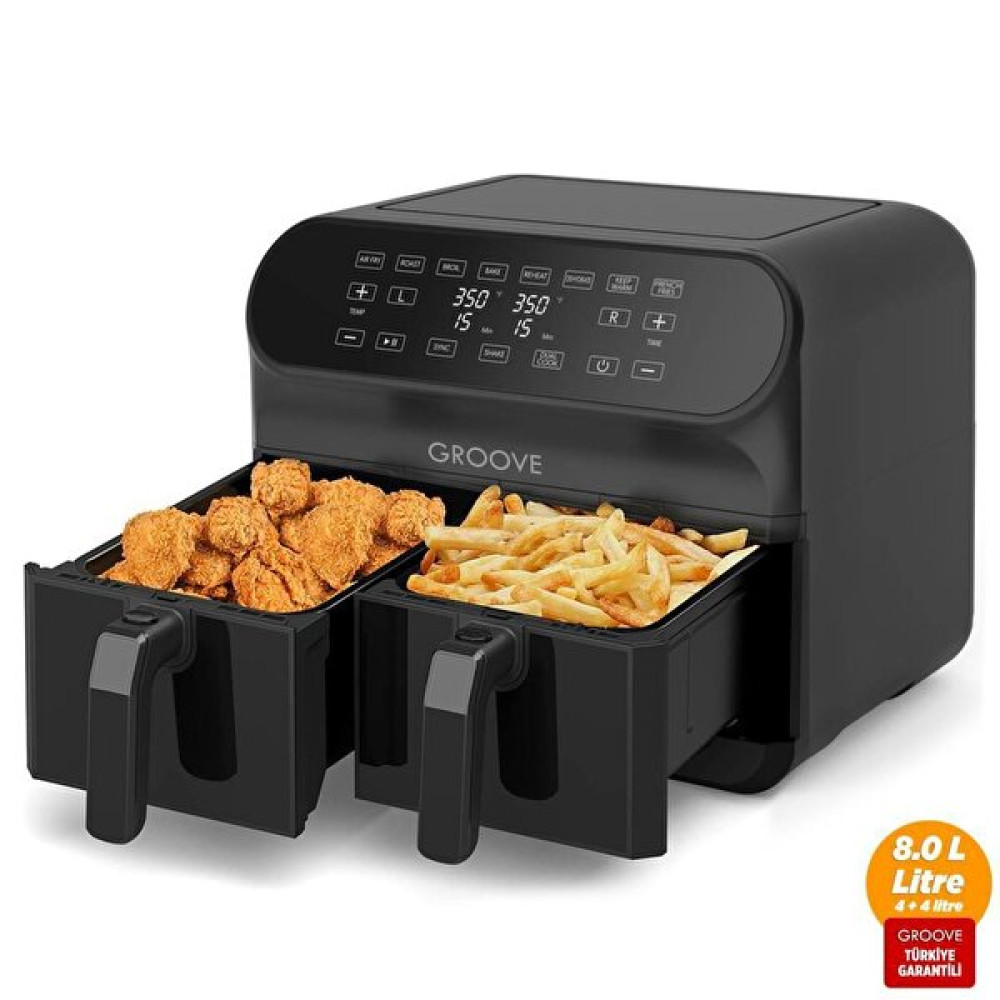 Groove Max Plus XXL 1800 W (4 L+4 L) 8 L Çift Hazneli Smart Airfryer Yağsız Siyah Sıcak Hava Fritözü Fritözler Fiyatı