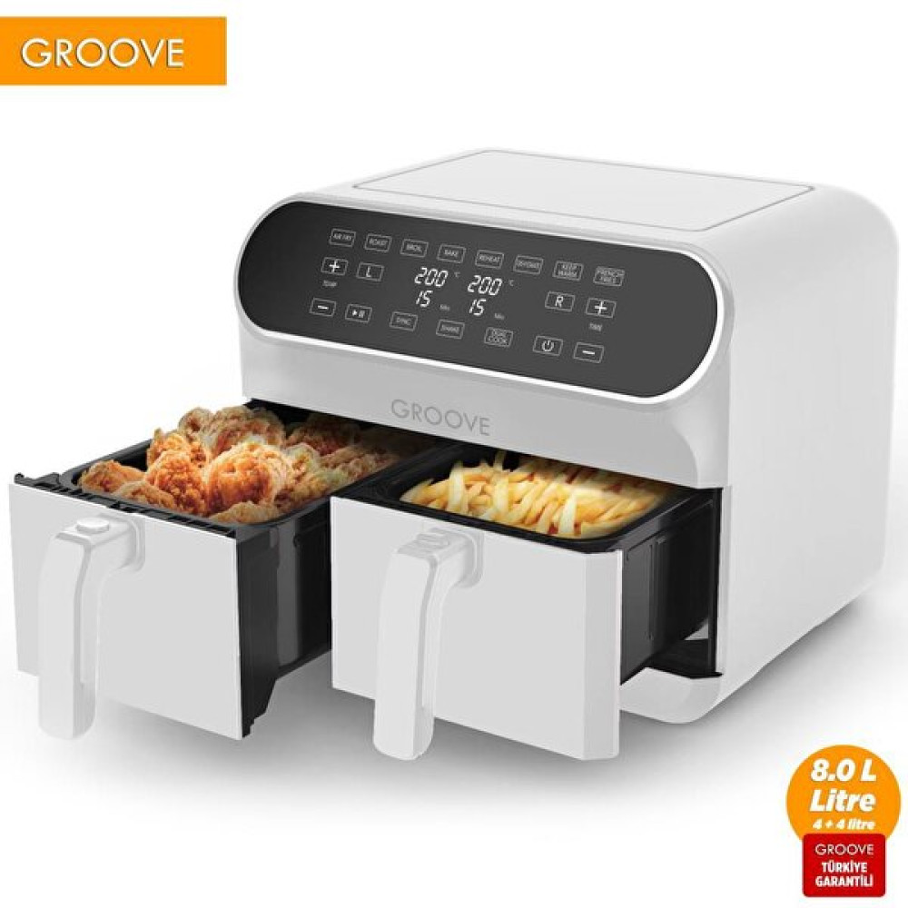 Groove Max Plus XXL 1800W (4 L + 4 L) 8 L Çift Hazneli Smart Yağsız Beyaz Sıcak Hava Fritözü Fritözler Fiyatı