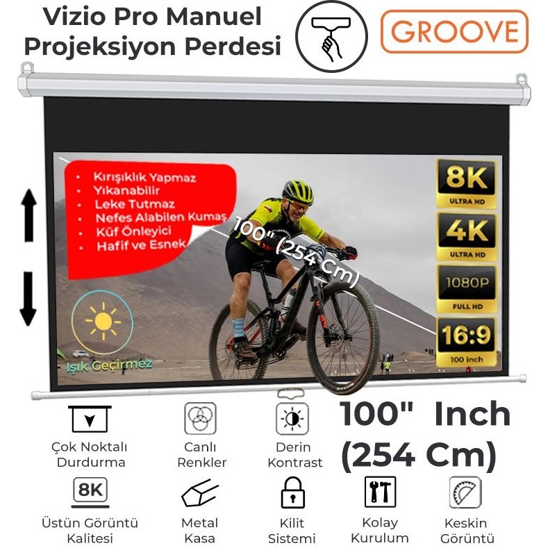 Groove Vizio Pro 100¨ Inch 220X125CM Blackout Işık Geçirmez Profesyonel Projeksiyon Perdesi +Canlı Renkler+Göz Koruması+Leke Tutmaz Projector Diğer Fiyatı