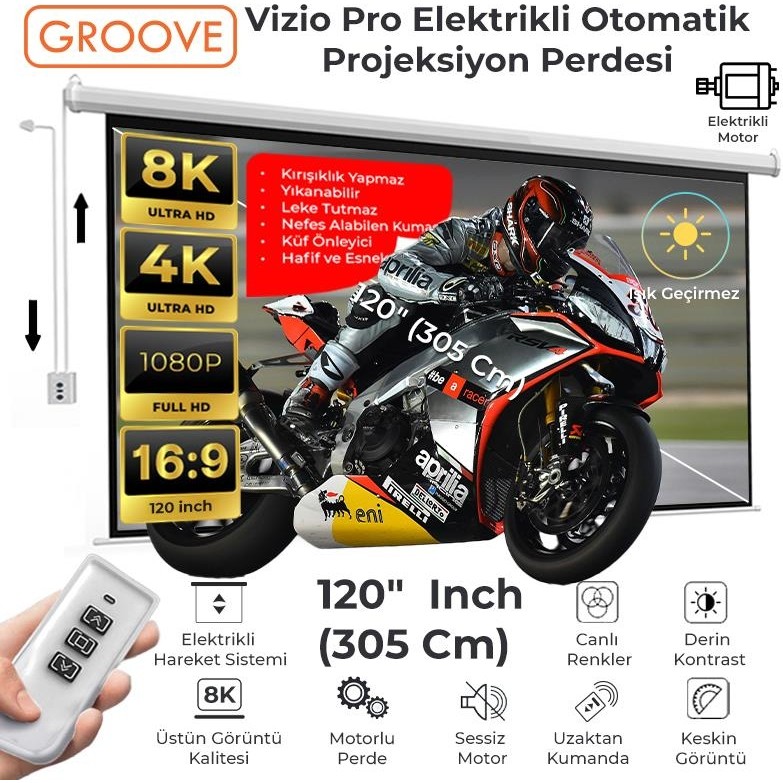 Groove Vizio Pro 120¨ Inch Blackout Işık Geçirmez Elektrikli Otomatik Kumandalı Projeksiyon Perdesi 265X150CM +Motorlu+Canlı Renkler+Göz Koruması+L... Diğer Fiyatı