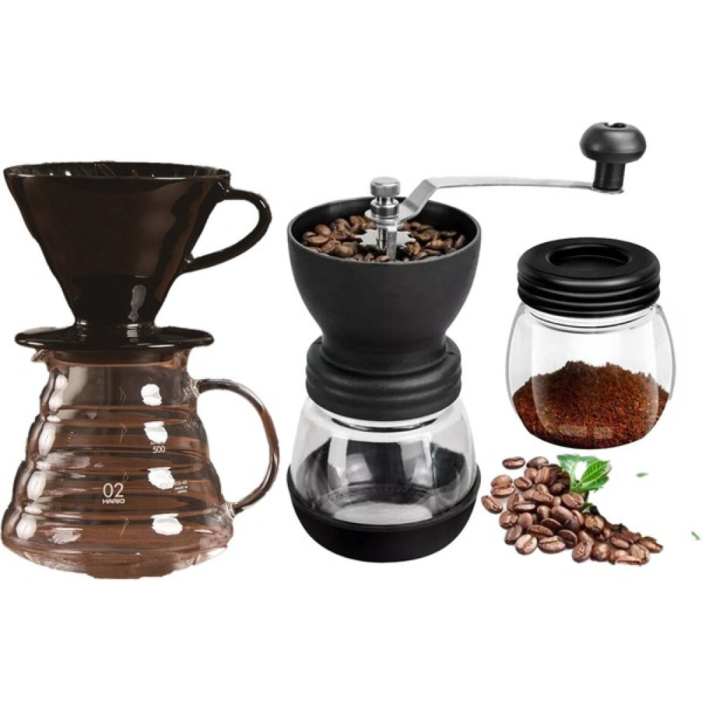 Grossberg Coffee V60 Dripper Cam Kahve Sürahisi Değirmen Set - Siyah Cezve Takımları Fiyatı