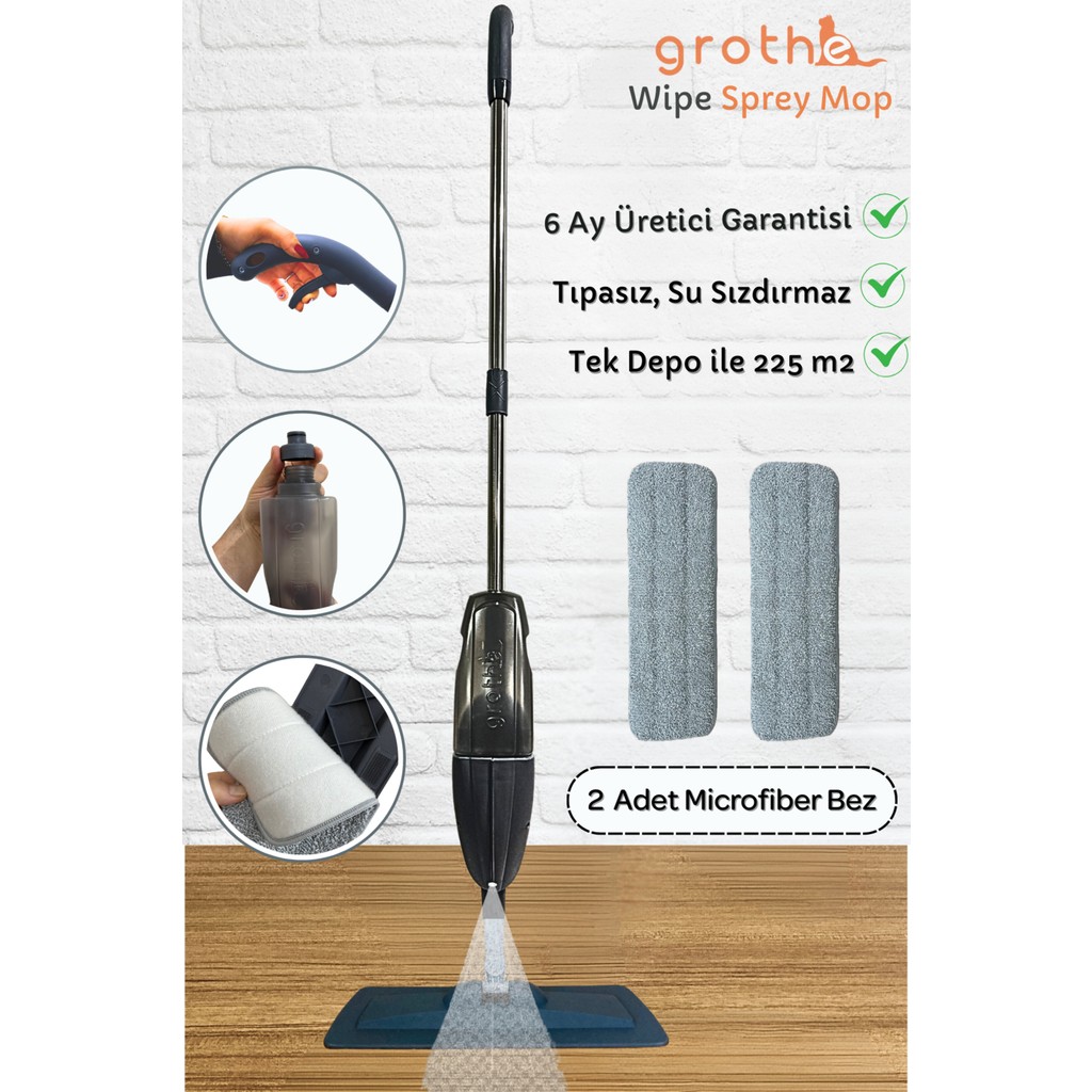 Grothe Wipe Sprey Mop Gri - 2 Mop Bezli - Tıpasız Sistem - 700 Cc Su Hazneli (ÜRETİCİ GARANTİLİ) Diğer Fiyatı