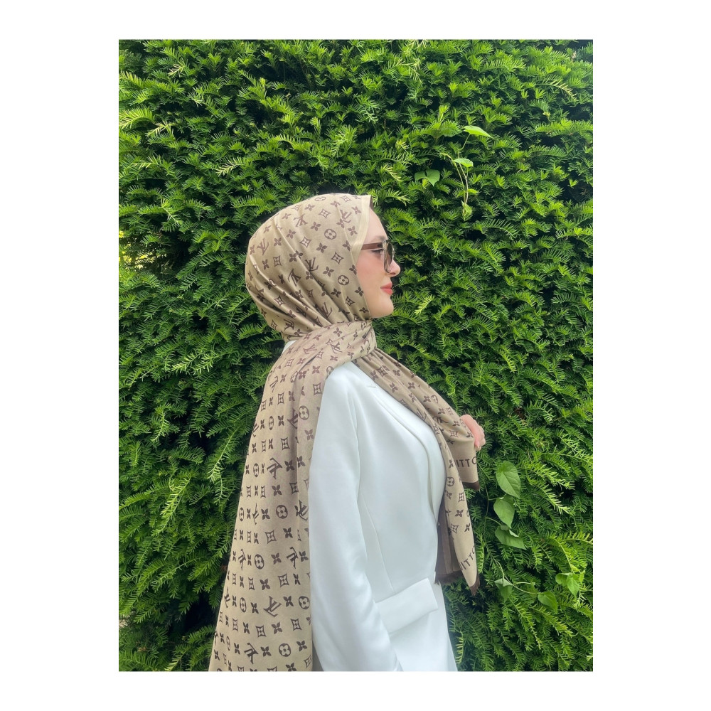 GŞ MODE SCARF Ithal Ipek Lv Desen Bej-kahve Çift Taraflı Lüks Şal 90 x 170 Beden Şal Fiyatı