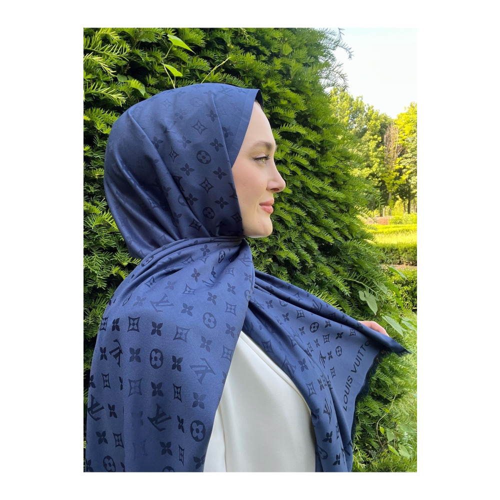 GŞ MODE SCARF Ithal Ipek Lv Desen Lacivert Çift Taraflı Lüks Şal 90 x 170 Beden Şal Fiyatı