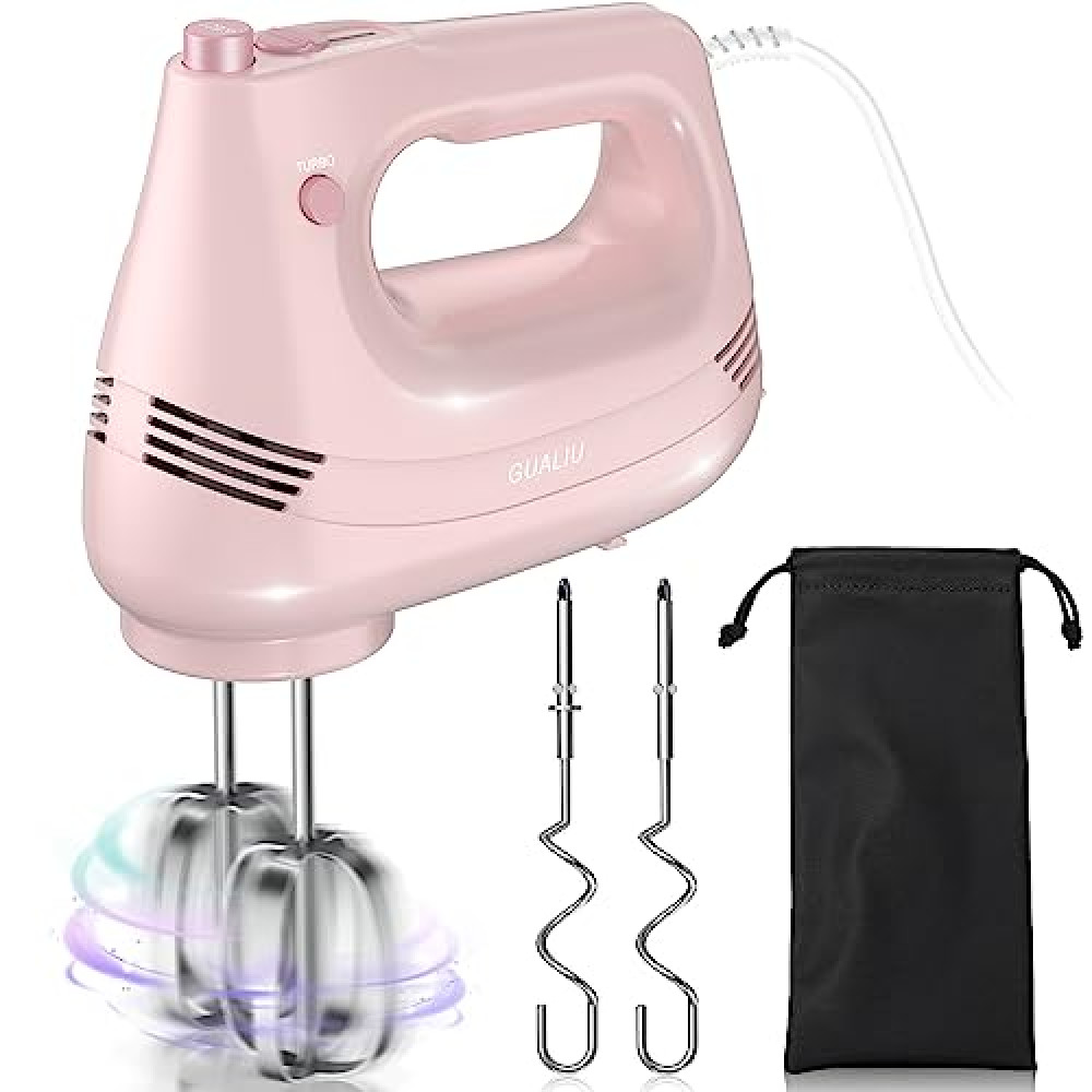 GUALIU Electric Hand Mixer with Stainless Steel Whisk, Dough Hook Attachment and Storage Bag, Handheld Mixer for Baking Cakes, Eggs, Cream Food Mixers. Turbo Boost /5 Speed Kitchen Blender PINK Mixers Fiyatı