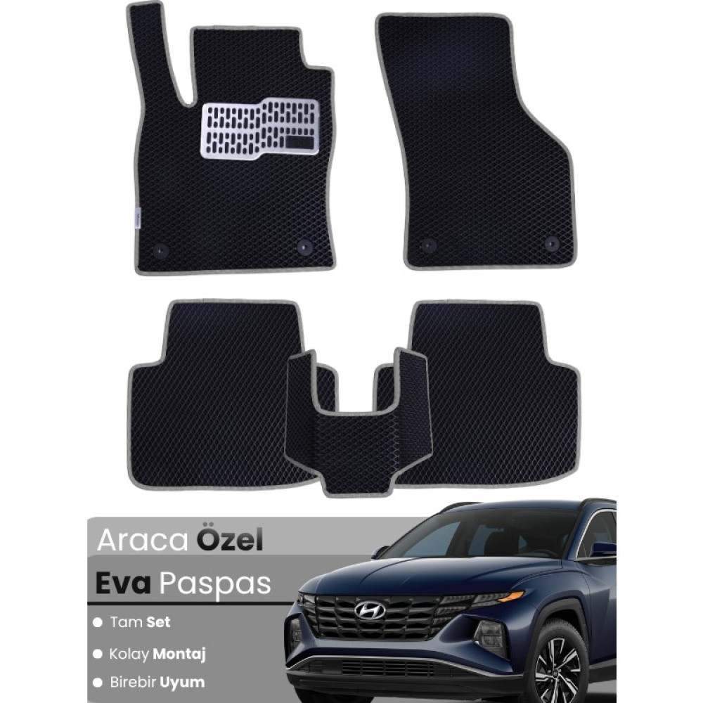Guerrino Hyundai Tucson (2020-2025) Uyumlu Eva Paspas Tam Set – Birebir Uyum,araca Özel Tasarım,kolay Montaj - Siyah - Gri Oto Paspas Fiyatı